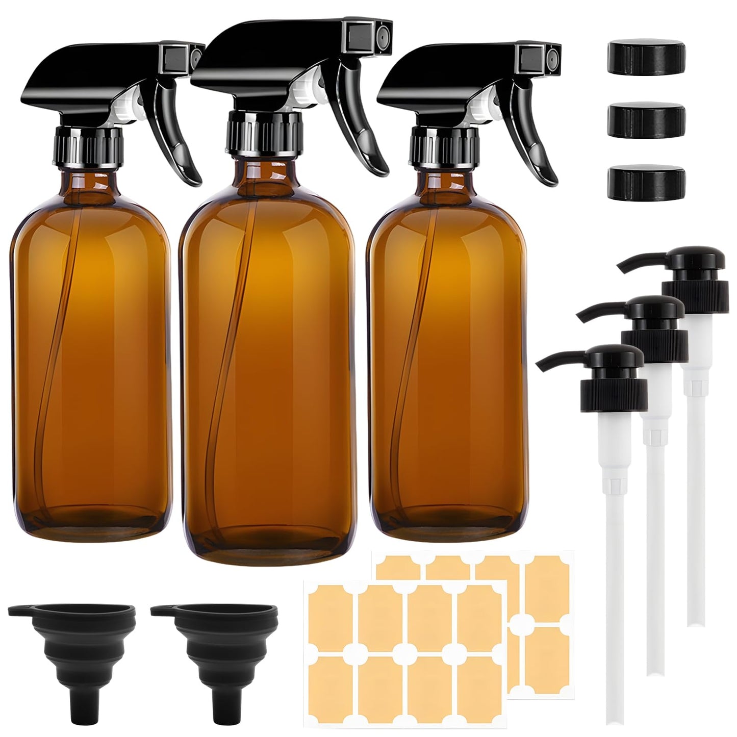 Amber Glass Spray Bottles 500ml, 3Pcs Glass Spray Bottles for Cleaning with Adjustable Nozzles, Labels & Accessories, Plants, Essential Oils-0