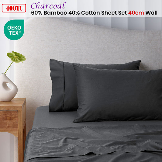 Accessorize 400TC Charcoal Bamboo Cotton Sheet Set 40cm Wall King Single-1