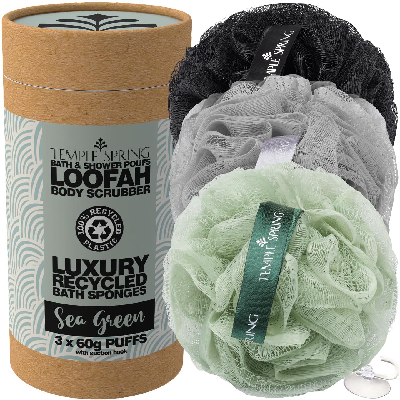 Temple Spring Loofah Shower Sponge, Recycled Body Scrubber Scrunchies, Exfoliating Bath Sponge, Shower Puff Bath Sponges for Adults, Loofah Back-0